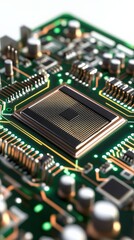 Obraz premium Close-up view of a computer circuit board featuring a detailed microchip with intricate patterns and connections.