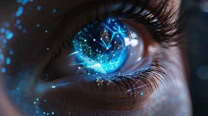 Closeup of eye with glowing blue digital network overlay, futuristic and hightech