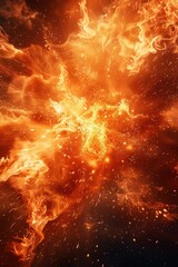 Naklejka premium Fiery Explosion of Bright Orange Flames and Sparks in a Dark Background Capturing Intense Energy and Motion
