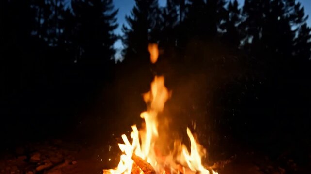 Campfire Glow: The flickering flames of a campfire illuminate the night, casting an ethereal glow on the surrounding forest. It's a captivating scene of warmth and serenity, perfect for evoking feelin