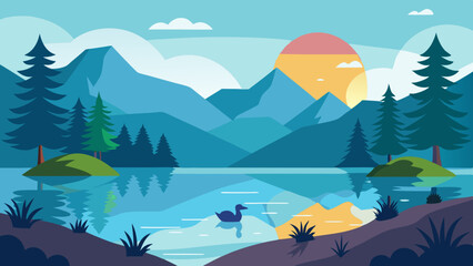 Obraz premium A serene lake surrounded by tall pine trees, with ducks swimming and mountains in the background. Vector illustration 