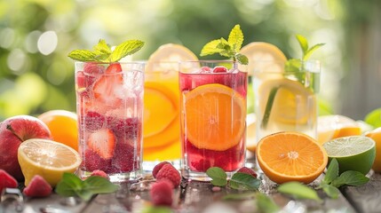 Fototapeta premium Refreshing Summer Drinks with Fresh Fruits and Mint Leaves on a Wooden Table in a Sunlit Garden