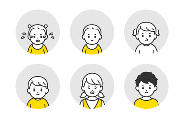 ネガティブな赤ちゃん･子どもの顔アイコンセット【人物ベクターイラスト素材】