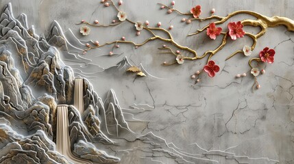 A 3D wall art featuring a golden branch with pink and white flowers on the right, with a depiction of a waterfall and mountain range on the left, on a cracked gray background.