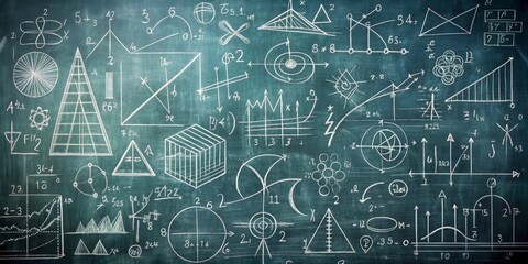 Chalkboard with Mathematical Equations and Drawings, math , education, school , science