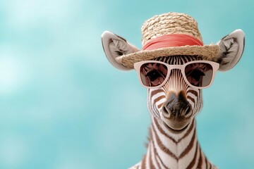 A stylish zebra wearing sunglasses and a sun hat, perfect for summer-themed designs and playful animal imagery.