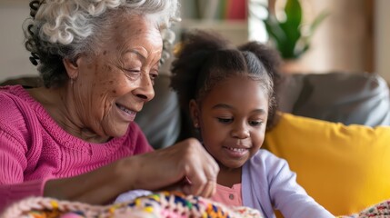 Obraz premium A grandmother shares her knitting skills with her granddaughter in a cozy living room