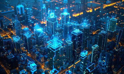 Blockchain in Real Estate Transactions, digital map of key US cities with blockchain icons integrated into real estate transactions, secure property records, and streamlined transactions design