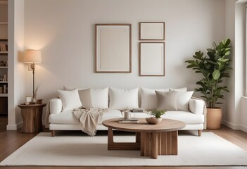 A modern living room with poster frame a white sectional sofa, a wooden coffee table, and a vase of red roses on the table. The room has a minimalist and cozy feel, 