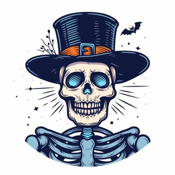 recommend clip art: a Skeleton with Top Hat, Halloween skeleton, simple hand drawn outline vector, bold monoline, isolated on white background