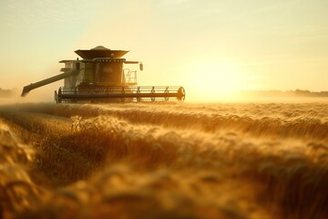 Naklejka premium A combine harvester working in a field of wheat at sunset.