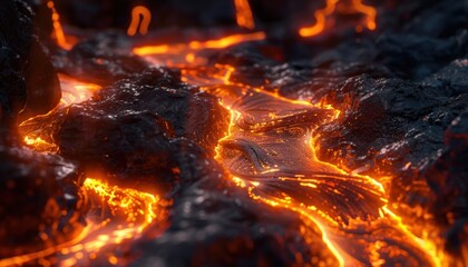 Volcanic Lava Flowing Over Rocks During a Night Eruption in a Remote Landscape