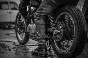 Fototapeta premium Biker Starting Motorcycle: Front Wheel with Spoke and Fork in Black and White
