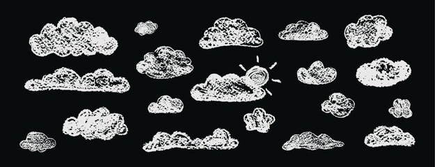 Set of abstract pencil clouds. Hand drawn cartoon cloudy sky and sun. Vector illustration of collection of white eddy on black background. Imitation of a child's drawing with pencils on blackboard.