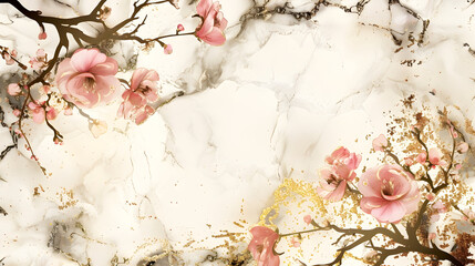 Gold marble luxury background texture design with pink flowers for wedding invitation card, cover, packaging , fashion vector template