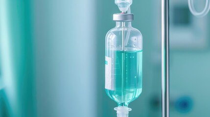 Close-up of IV drip bag with medical equipment, chemotherapy process, detailed and precise