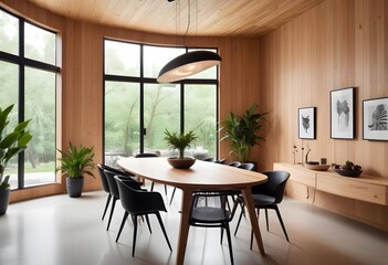 Fototapeta premium A cozy and bright dining room with a wooden table, white chairs, and large windows overlooking greenery outside. The room has a warm, natural aesthetic with wooden walls and a pendant light fixture