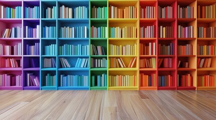 Fototapeta premium Colorful Bookshelf Background With Wooden Floor and Vibrant Design in a Cozy Reading Space