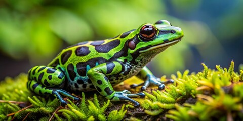 Fototapeta premium Green and Black Poison Dart Frog in Moss, Macro Photography, Amphibian, Rainforest, Wildlife , poison dart frog, rainforest frog