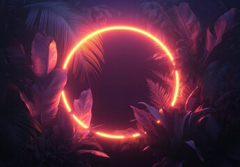 Fototapeta premium Vibrant Red Neon Circle, Lush Tropical Leaves in a Mysterious Forest Setting