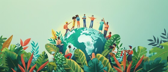 Diverse group of people standing on a globe, surrounded by plants, symbolizing unity and diversity