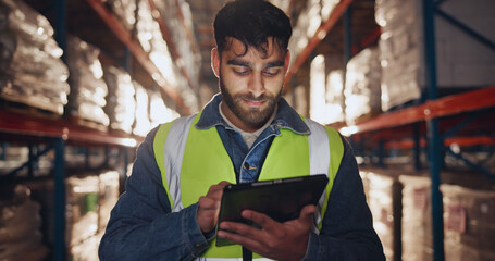 Stock, supply chain and tablet with man in warehouse for online order of distribution or shipping...