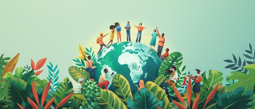 Diverse group of people standing on a globe, surrounded by plants, symbolizing unity and diversity