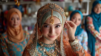 Obraz premium Joyful Hijab Bride and Bridesmaids