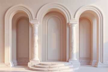 Obraz premium Blank podium display, Arched door with light beige background and warm light 