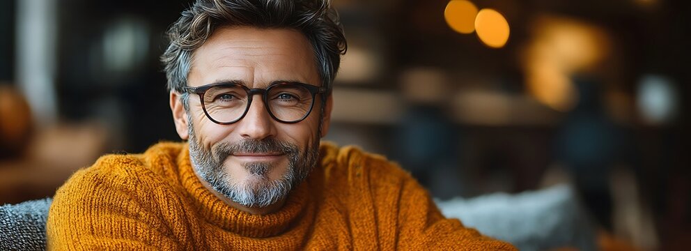  Happy middle aged man holding coffee cup relaxing on couch at home. Smiling mature older man drinking tea looking at camera sitting on cozy sofa chilling in modern kitchen living room. Portrait.  - Powered by Adobe