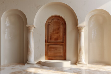Fototapeta premium Blank podium display, Arched door with light beige background and warm light 