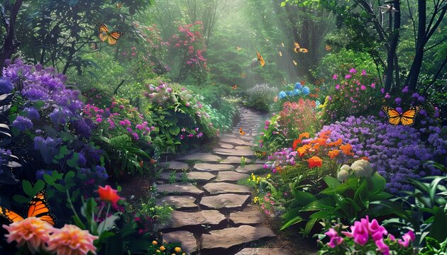 Enchanting garden path surrounded by colorful flowers and butterflies