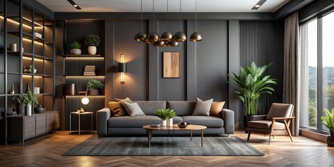 Modern Minimalist Living Room with Gray Sofa and Wooden Accent, 3D Rendering, Interior Design, Home Decor, Furniture, living room, modern