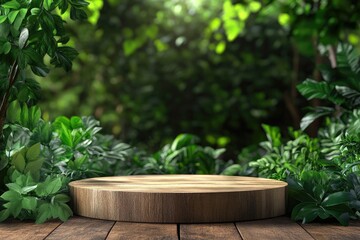 Wooden Podium Surrounded by Lush Green Plants in a Serene Outdoor Setting