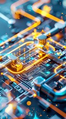Abstract Circuit Board with Glowing Lines.