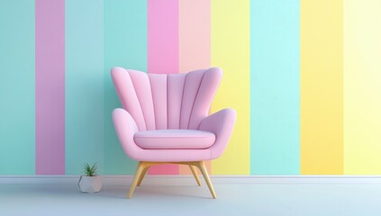 Colorful Pastel Armchair Positioned Against Striped Wall in Bright, Cheerful Interior Space