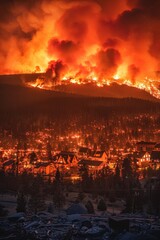 Fototapeta premium Intense Wildfire Raging Over Forested Hills Near Residential Area at Night