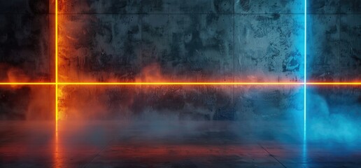 Fototapeta premium Stunning 3D Rendering of Blue and Orange Neon Lights Illuminating a Dark Concrete Room