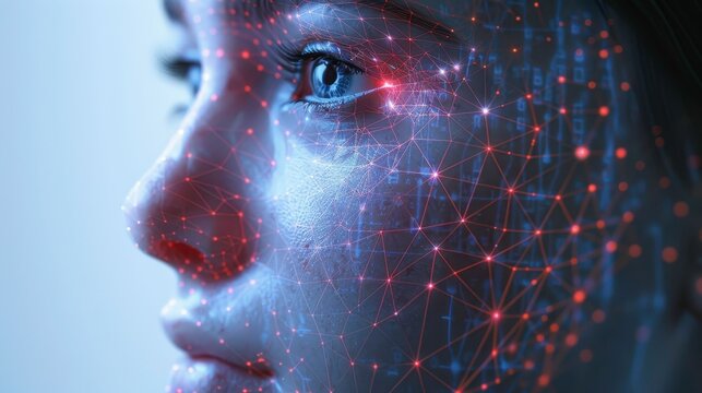 Facial recognition, 3D illustration, realistic, isolated on white background