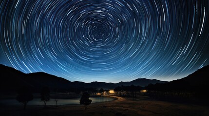 Fototapeta premium A dramatic view of star trails in the night sky, with multiple concentric circles of light formed by the rotation of the Earth