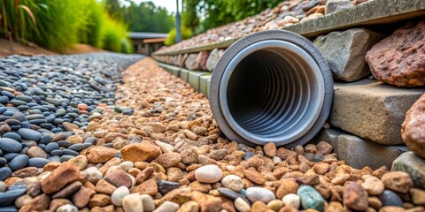 Pipe Leading Through Pebble Path, Close Up, Grey Pipe, Stone Path, Landscape, Drainage, Pebbles