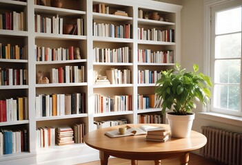 Fototapeta premium A large, ornate library with wooden bookshelves lining the walls, a fireplace in the center, and a round wooden table with open books in the foreground