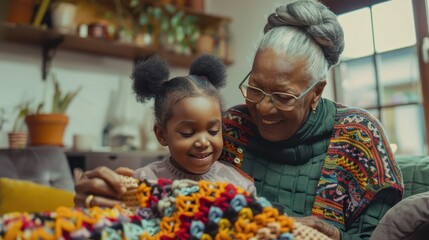A grandmother teaches her granddaughter to knit a colorful blanket at home