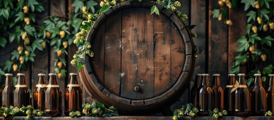 Naklejka premium Rustic Wooden Barrel with Beer Bottles and Hops on Wooden Table in Outdoor Setting