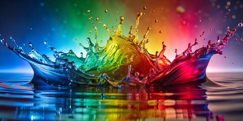 Obraz premium Rainbow Water Splash Vibrant Colors in Motion, water splash, liquid art, colorful droplets, macro photography