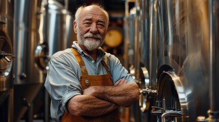 Experienced Brewer in Apron Standing Proudly in Front of Stainless Steel Fermentation Tanks in Brewery