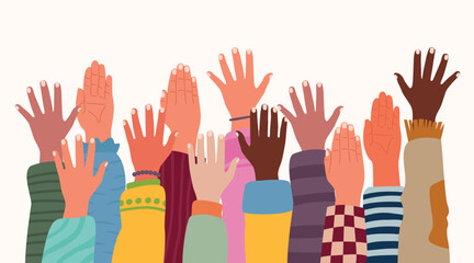 Set of people raised hands, open hands up of different types of skins, diversity people multiethnic race and community concept, Teamwork, collaboration, voting, volunteering concert, protest.