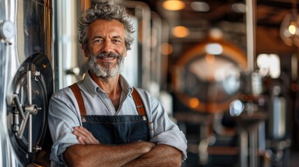 Confident Senior Brewer in Modern Brewery with Stainless Steel Equipment and Warm Lighting