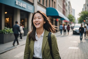 Fototapeta premium Laughing young asian woman walking outside in the city