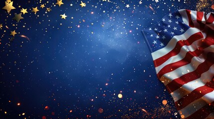 Dynamic Rendering of The United States Flag Against a Dark Blue Background With Glittering Stars and Sparkles